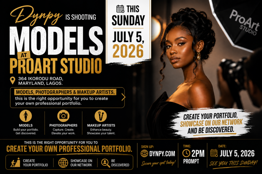 Promotional banner for the Dynpy model portfolio photoshoot at ProArt Studio, Maryland, Lagos, inviting models, photographers, and makeup artists to build professional portfolios on July 5, 2026.