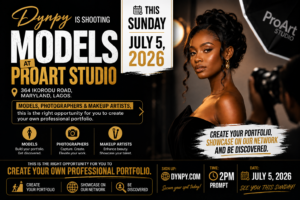 Promotional banner for the Dynpy model portfolio photoshoot at ProArt Studio, Maryland, Lagos, inviting models, photographers, and makeup artists to build professional portfolios on July 5, 2026.
