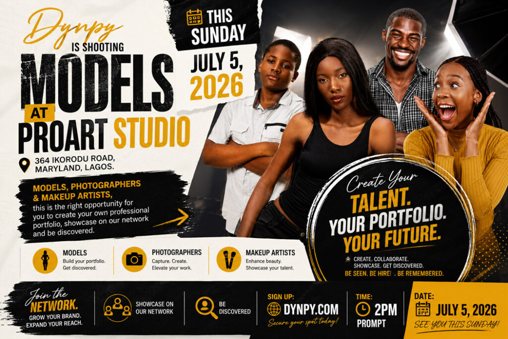 Dynpy promotional banner featuring models, photographers, and makeup artists for a professional portfolio photoshoot at ProArt Studio, Maryland, Lagos on July 5, 2026.